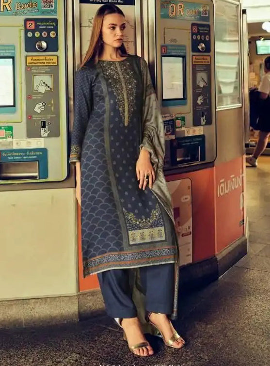 Viscose Pashmina Blue Unstitched Winter Salwar Suit Set Dress Material