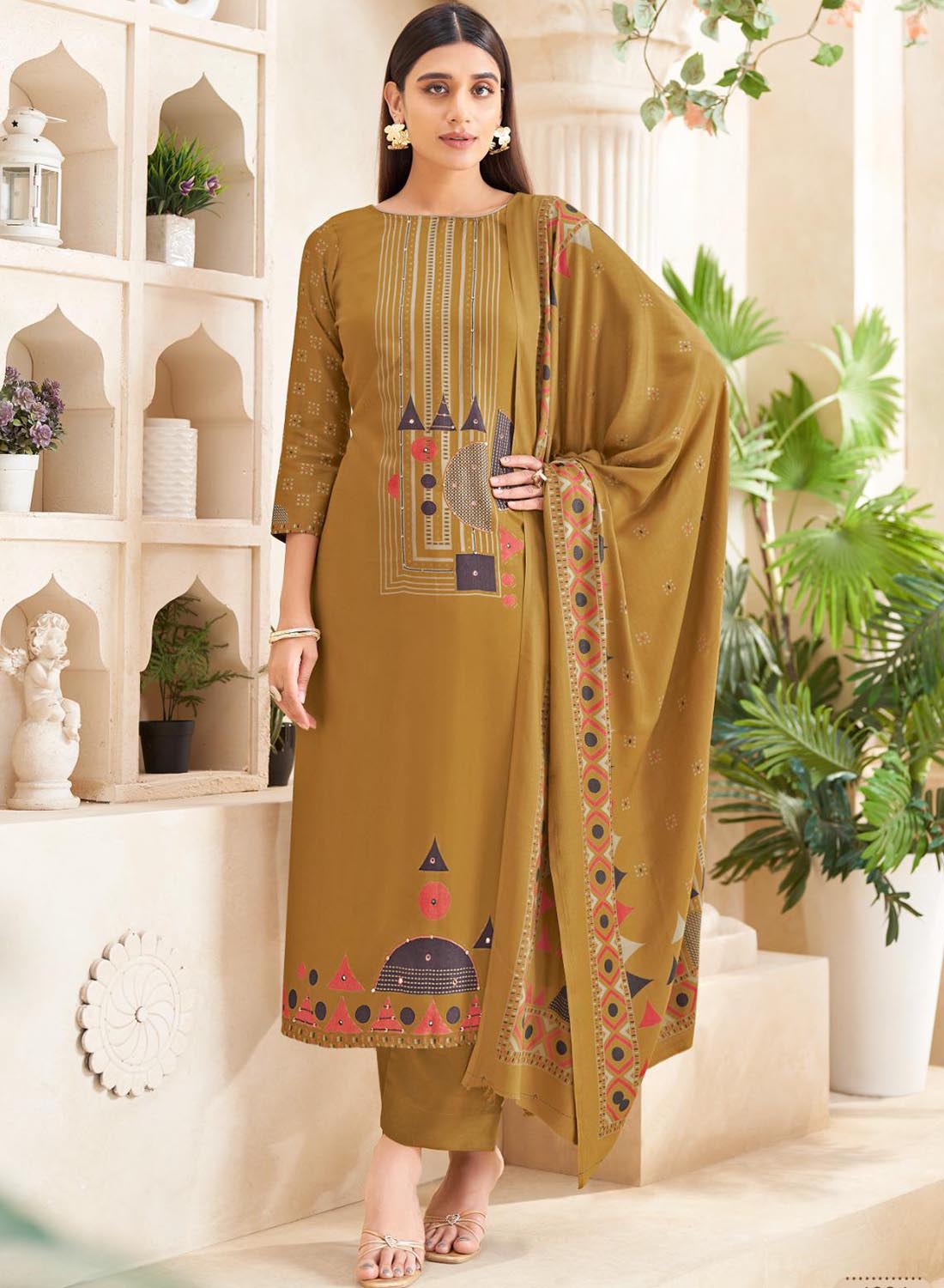 Mustard Viscose Pashmina Unstitched Winter Salwar Suit Material for Women