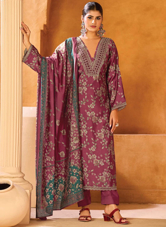 Party Wear Muslin Silk Unstitched Salwar Suit Material with Printed Dupatta