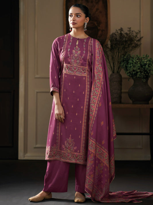 Ganga Pashmina Pink Unstitched Winter Suit Dress Material for Women