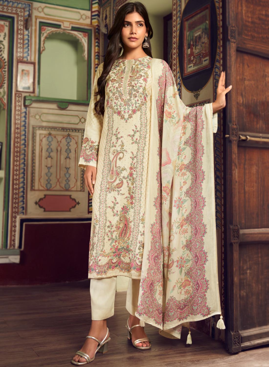Beige Pure Muslin Unstitched Salwar Suit Material with Handwork