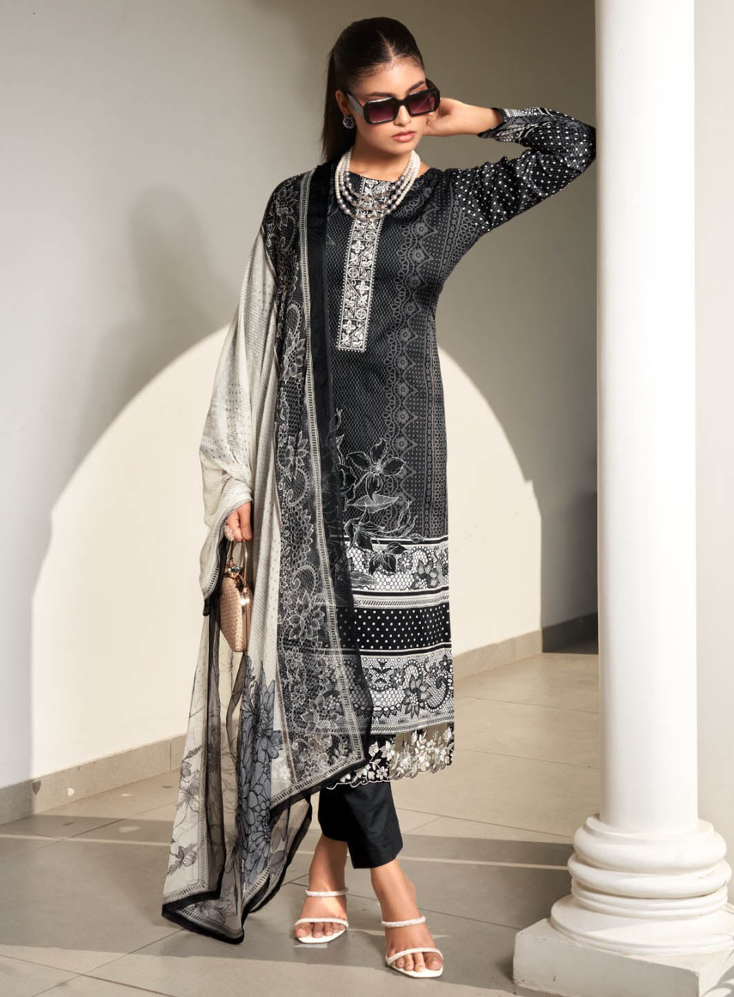 Black Cotton Satin Unstitched Salwar Suit Material for Women
