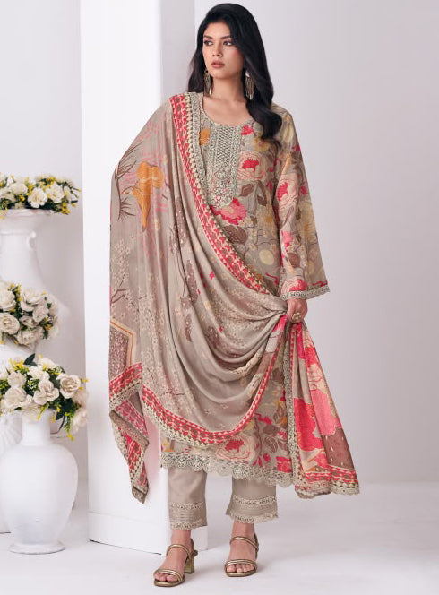 Party Wear Muslin Unstitched Pakistani Suit Dress Material with Embroidery