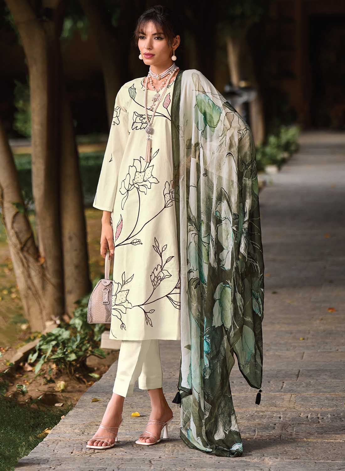 Pure Lawn Cotton Cream Unstitched Suit Dress Material with Dupatta