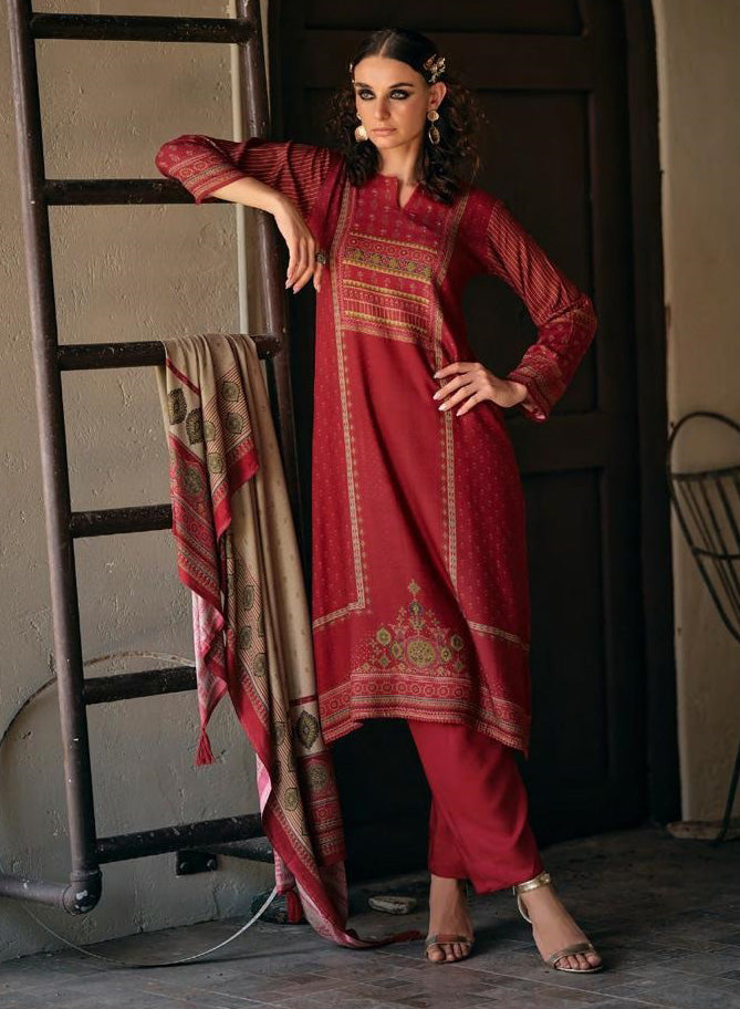 Red Viscose Pashmina Unstitched Winter Suit Dress Material for Women