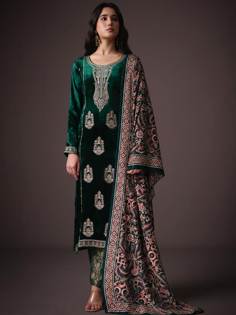 Party Wear Green Unstitched Velvet Suit Material with Heavy Embroidery