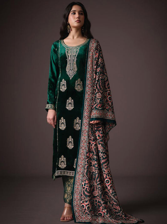 Party Wear Green Unstitched Velvet Suit Material with Heavy Embroidery