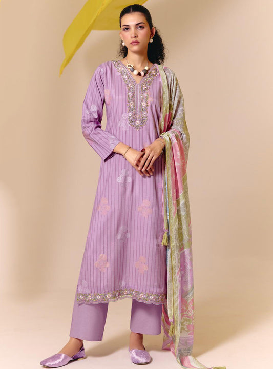 Party Wear Muslin Purple Unstitched Suit Material for Women with Embroidery
