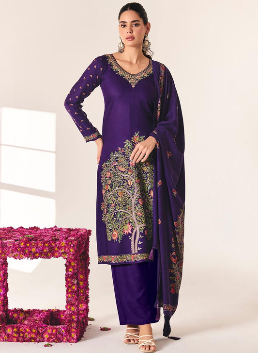 Pashmina Unstitched Winter Salwar Suit Material with Neck Embroidery