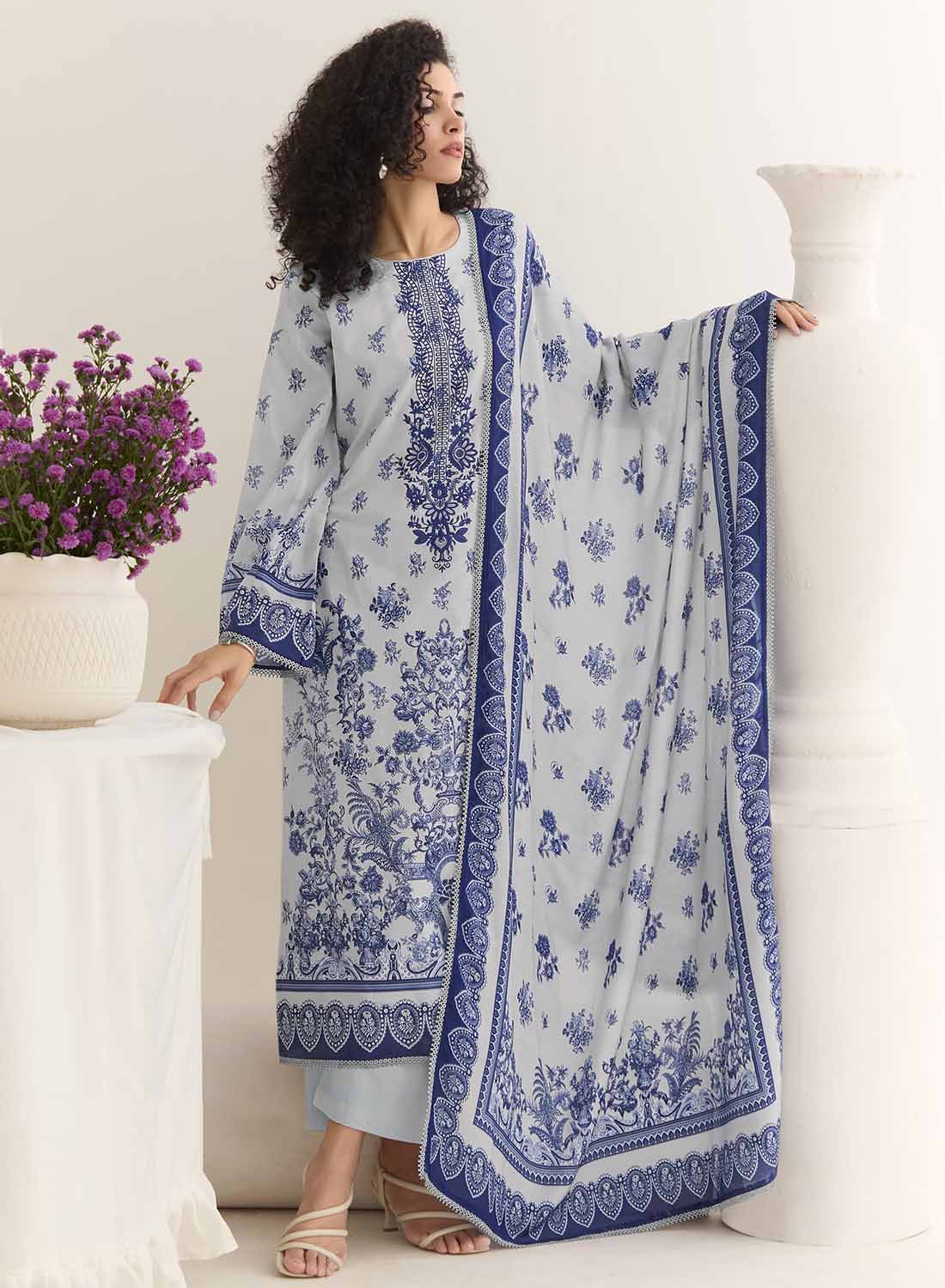 Grey Pure Cotton Lawn Unstitched Salwar Suit Set Fabric for Women