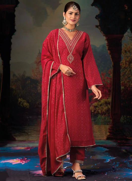 Party Wear Red Muslin Silk Unstitched Salwar Suit Set Material for Women