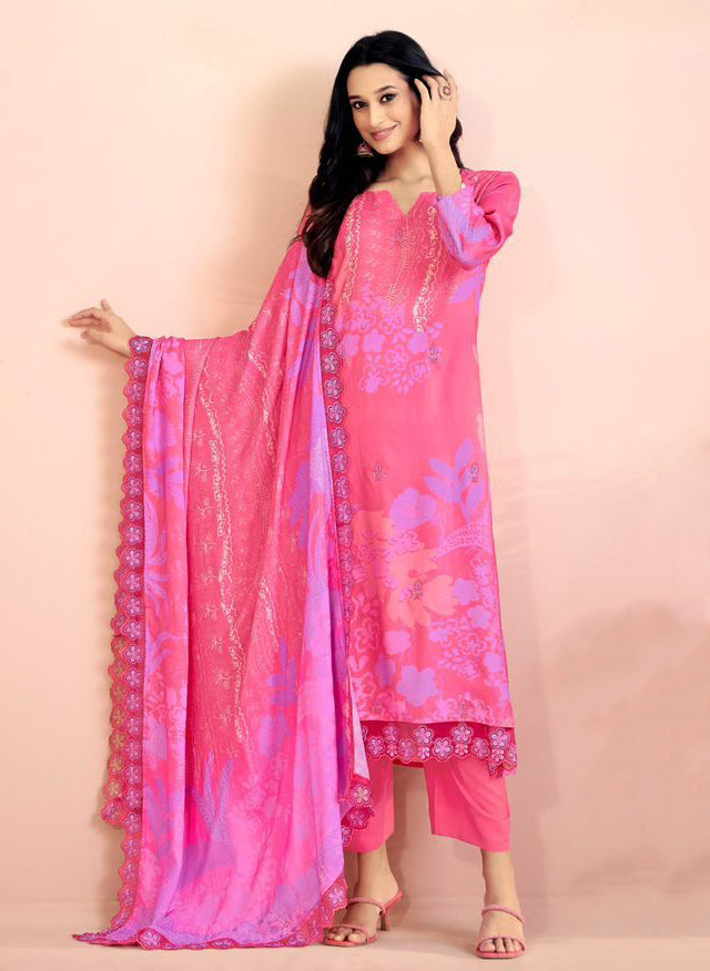 Pink Unstitched Pashmina Winter Salwar Suit Material for Women