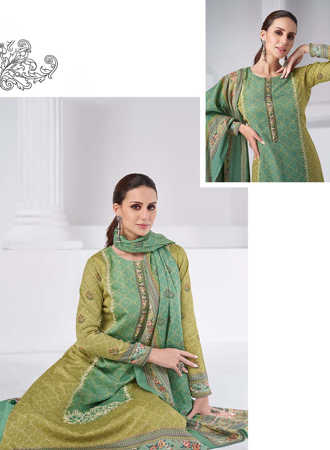 Mumtaz Arts Green Cotton Satin Embroidered Unstitched Suit Material