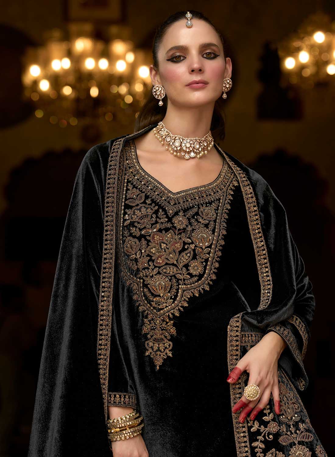Black Party Wear Velvet Unstitched Suit Set Dress Material with Dupatta