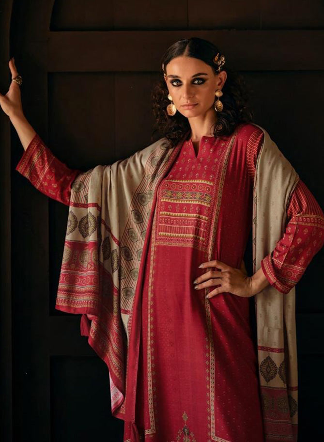 Red Viscose Pashmina Unstitched Winter Suit Dress Material for Women