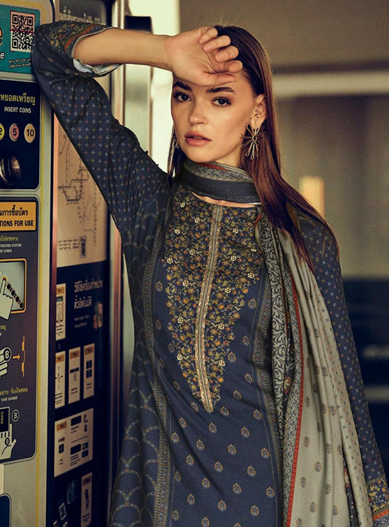 Viscose Pashmina Blue Unstitched Winter Salwar Suit Set Dress Material