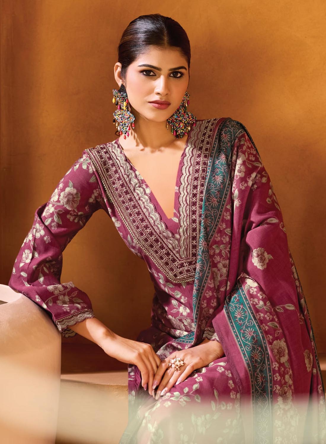 Party Wear Muslin Silk Unstitched Salwar Suit Material with Printed Dupatta