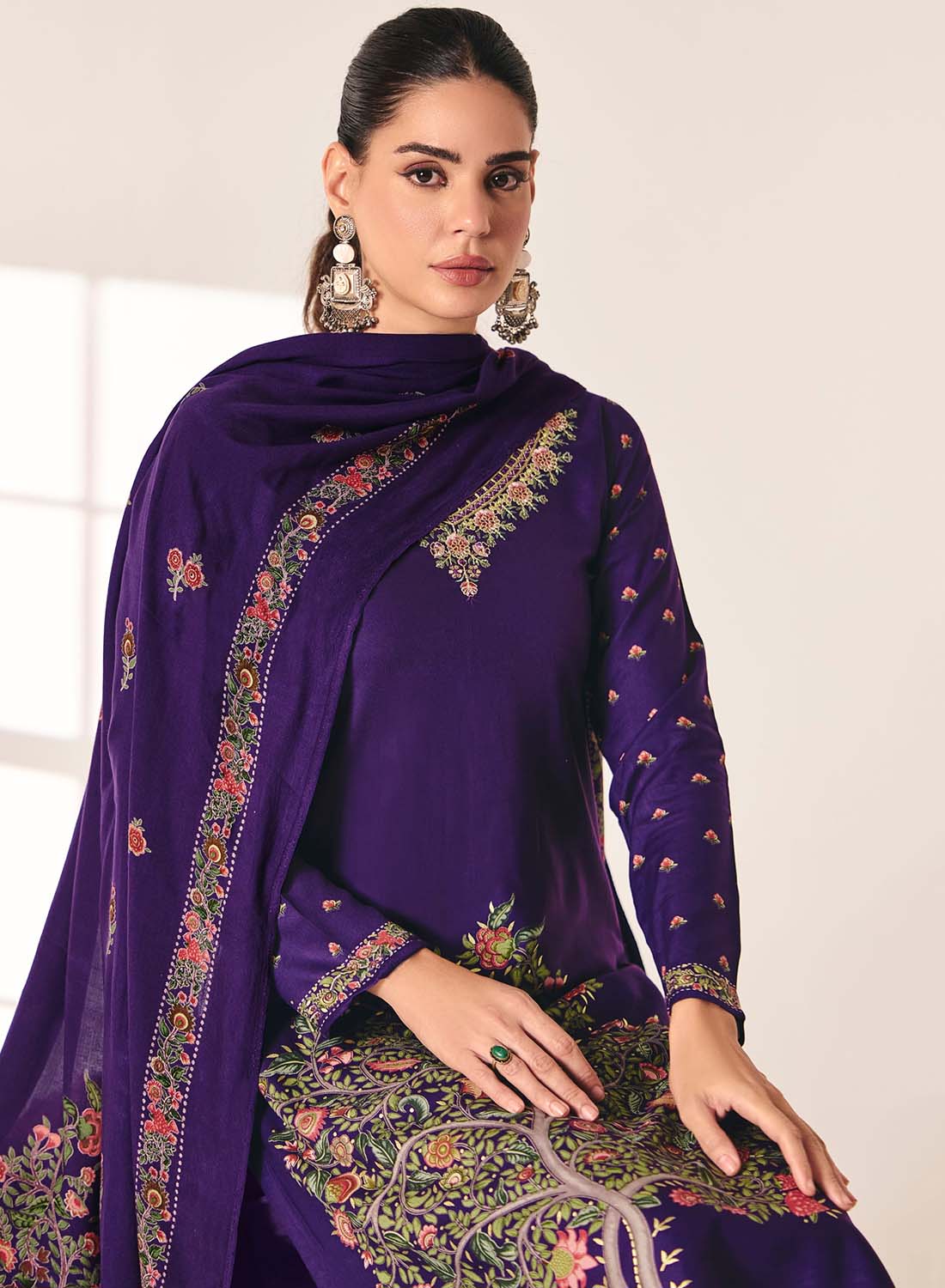 Pashmina Unstitched Winter Salwar Suit Material with Neck Embroidery