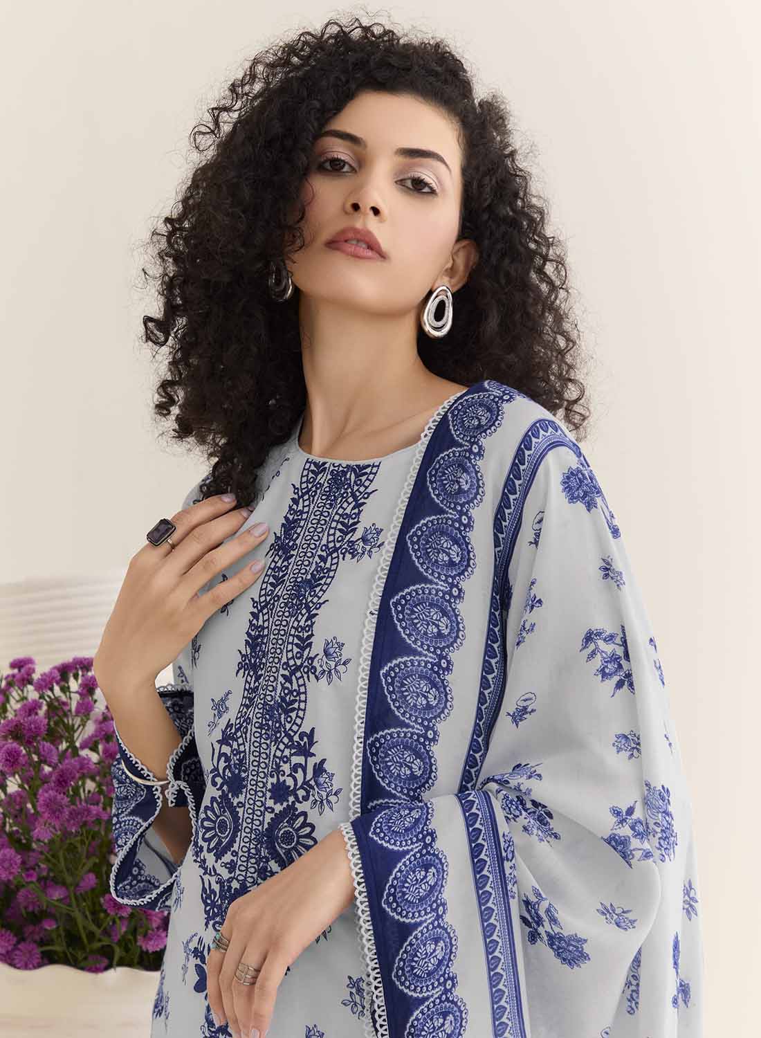 Grey Pure Cotton Lawn Unstitched Salwar Suit Set Fabric for Women