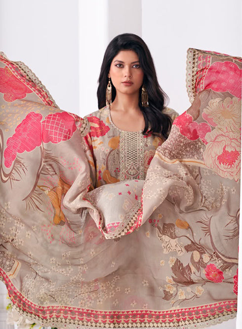 Party Wear Muslin Unstitched Pakistani Suit Dress Material with Embroidery