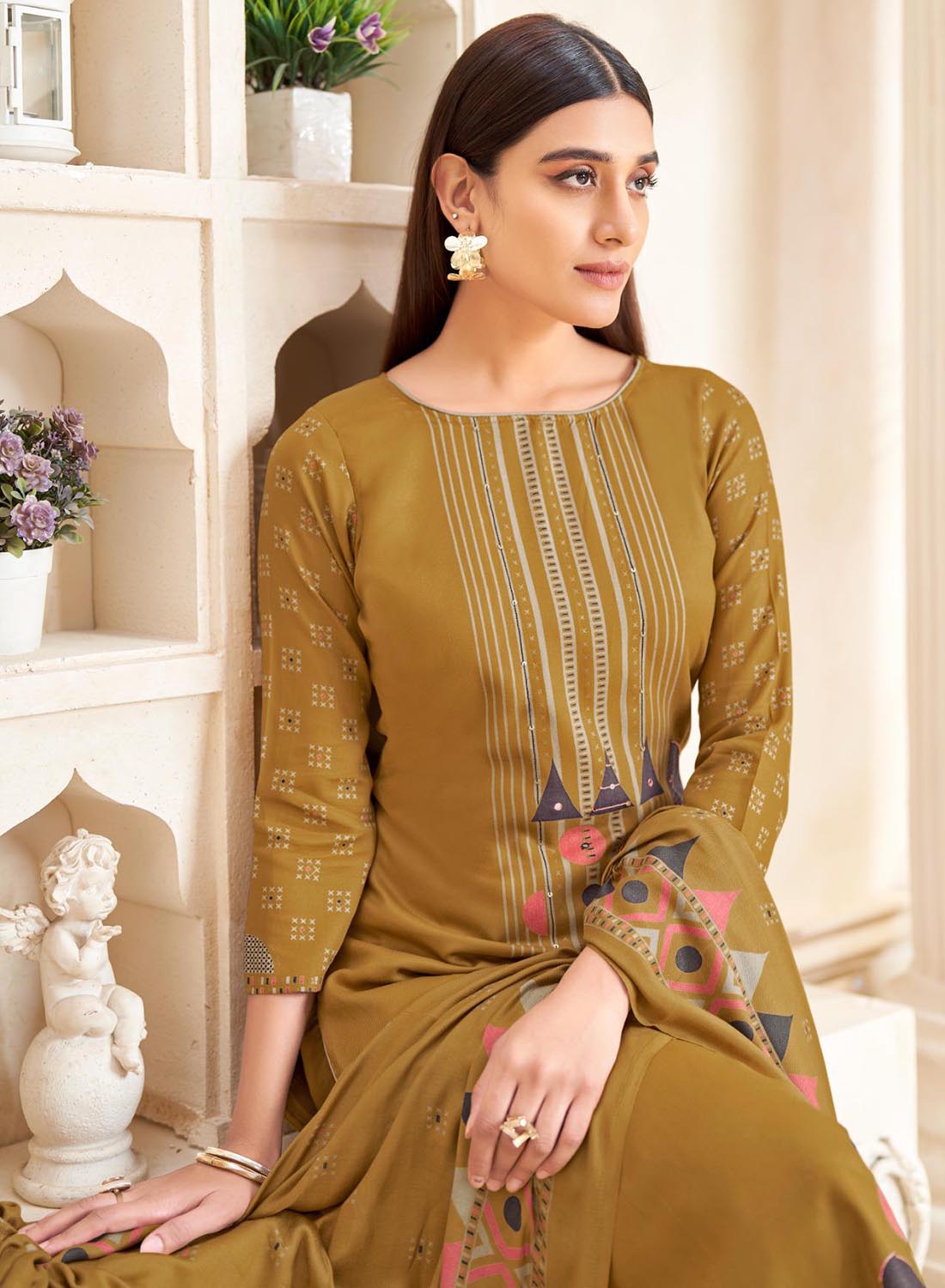 Mustard Viscose Pashmina Unstitched Winter Salwar Suit Material for Women