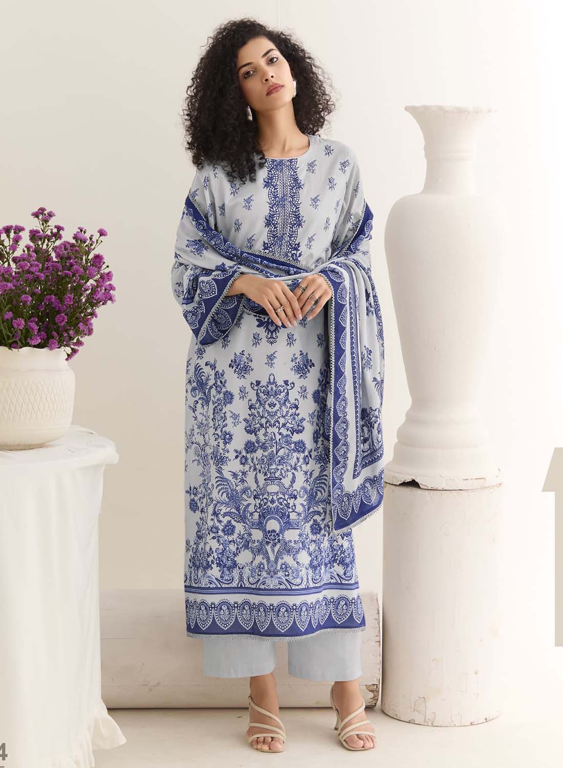 Grey Pure Cotton Lawn Unstitched Salwar Suit Set Fabric for Women