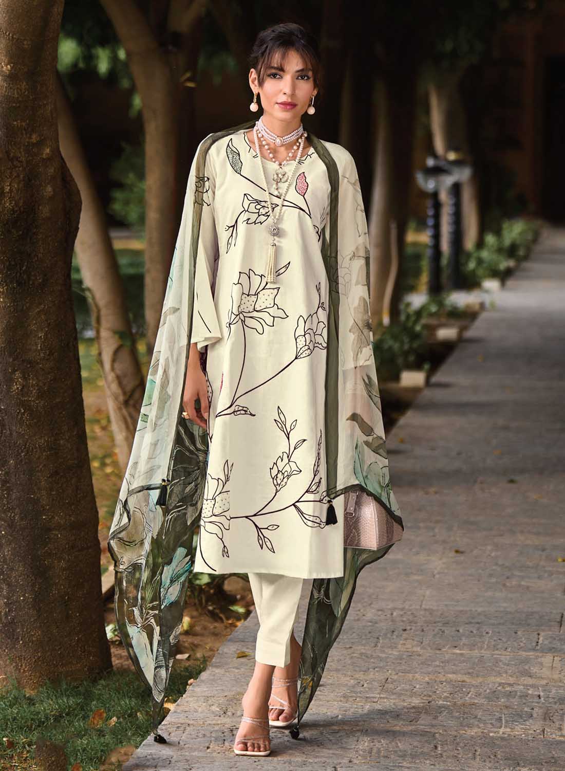 Pure Lawn Cotton Cream Unstitched Suit Dress Material with Dupatta