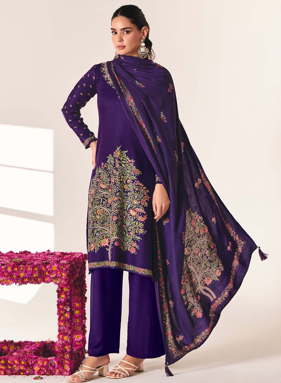 Pashmina Unstitched Winter Salwar Suit Material with Neck Embroidery