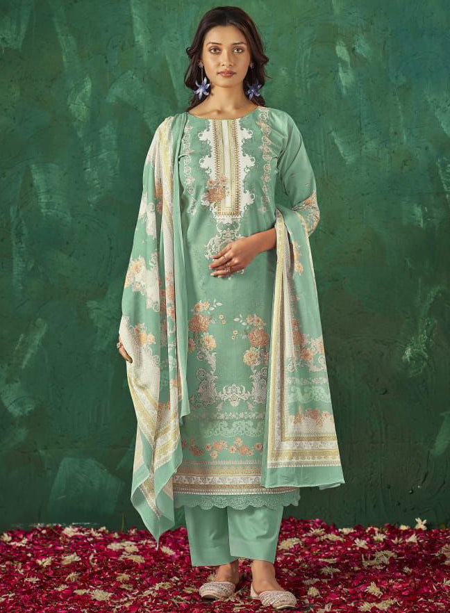 Pure Cotton Lawn Green Unstitched Salwar Suit Material with Dupatta