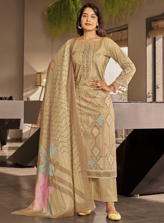 Pure Lawn Cotton Brown Unstitched Suit Summer Dress Material with Dupatta