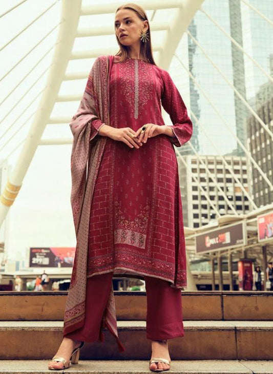 Viscose Pashmina Maroon Unstitched Winter Salwar Suit Set Dress Material