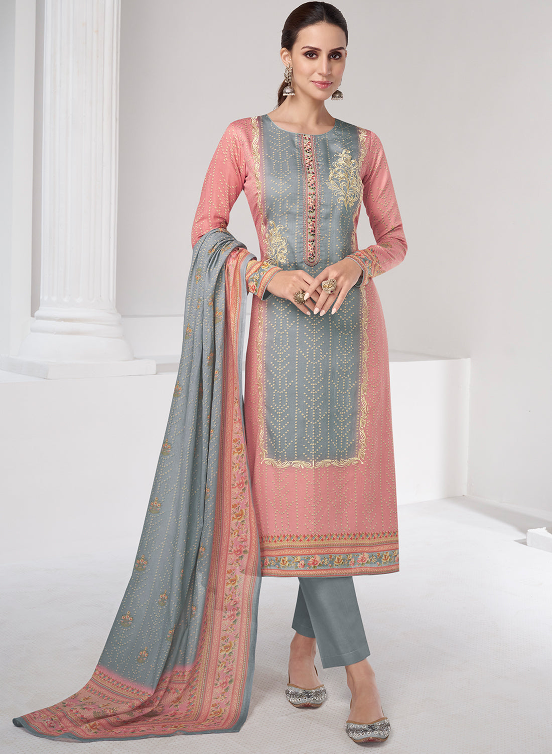 Mumtaz Arts Grey Cotton Satin Embroidered Unstitched Suit Material