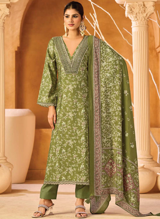 Party Wear Muslin Silk Green Unstitched Salwar Suit Material with Dupatta
