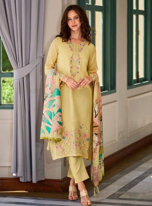 Party Wear Unstitched Muslin Silk Suit Dress Material for Women