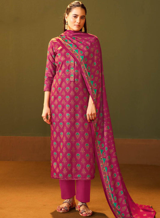 Pink Printed Unstitched Winter Salwar Suit Set Material for Women