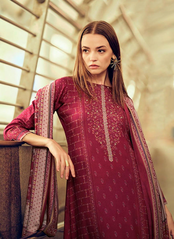 Viscose Pashmina Maroon Unstitched Winter Salwar Suit Set Dress Material