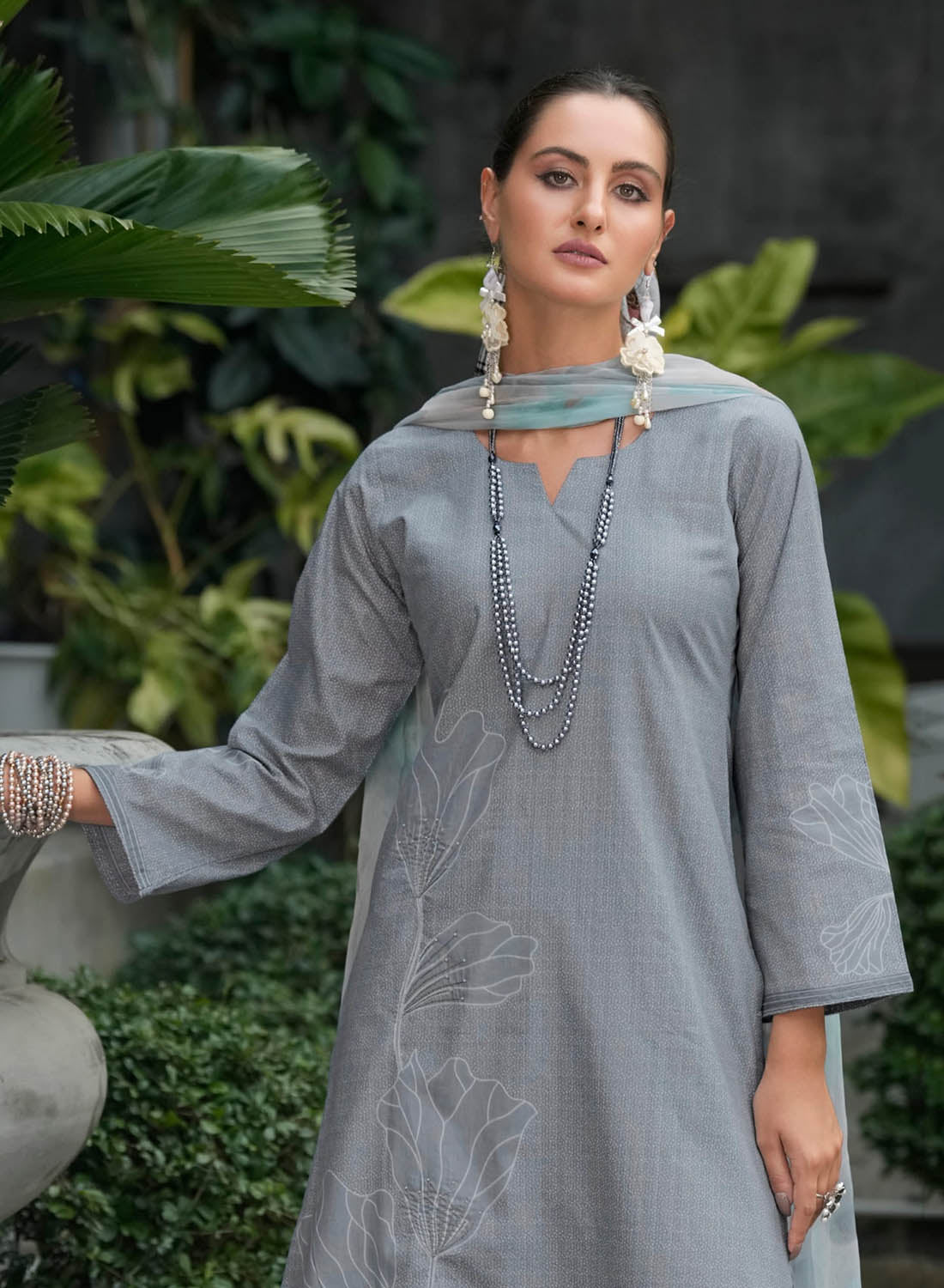 Pure Cotton Lawn Grey Unstitched Salwar Suit with Chiffon Dupatta