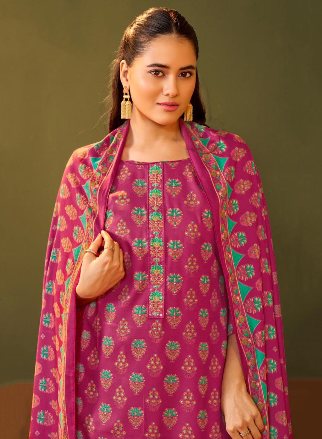 Pink Printed Unstitched Winter Salwar Suit Set Material for Women