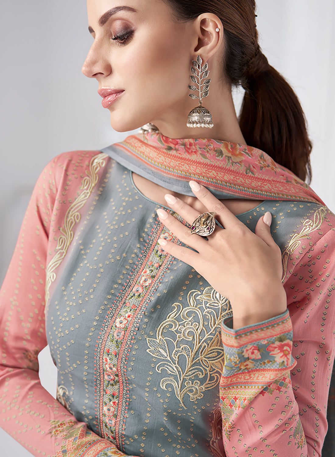 Mumtaz Arts Grey Cotton Satin Embroidered Unstitched Suit Material