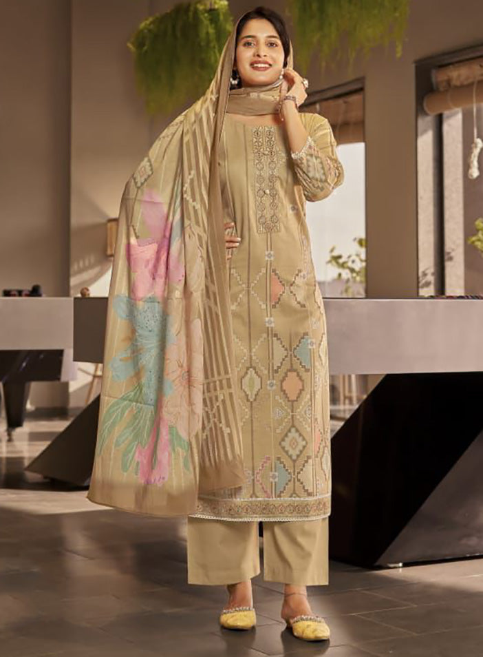 Pure Lawn Cotton Brown Unstitched Suit Summer Dress Material with Dupatta