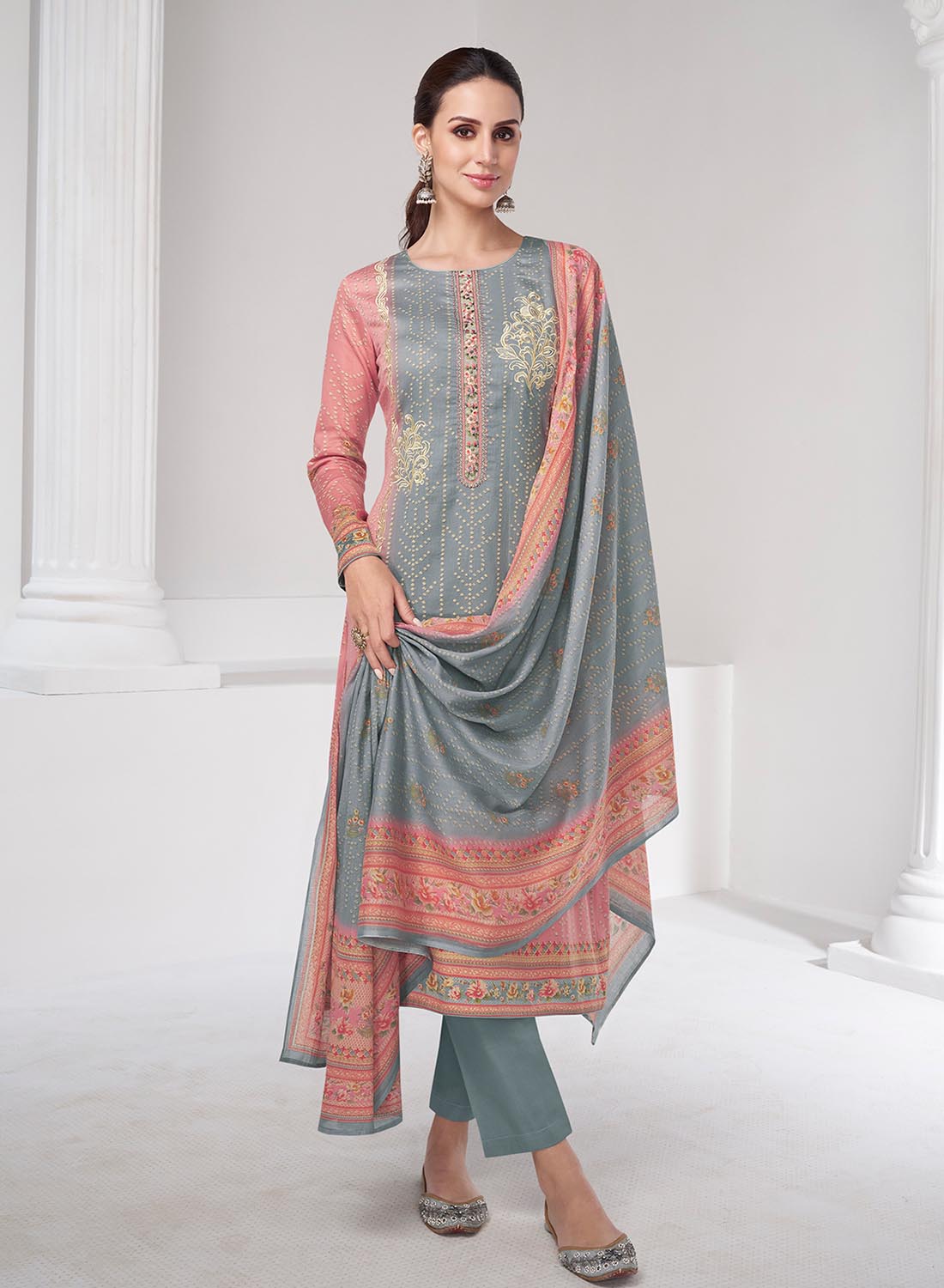 Mumtaz Arts Grey Cotton Satin Embroidered Unstitched Suit Material