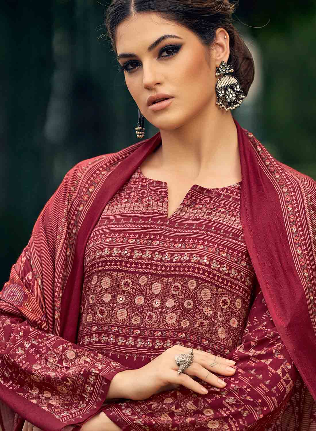 Women Red Unstitched Pashmina Winter Suit Material with Shawl Dupatta