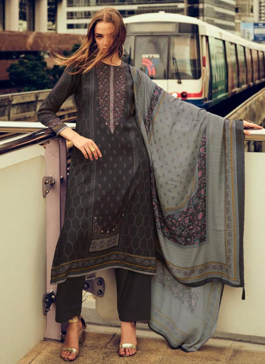 Viscose Pashmina Dark Grey Unstitched Winter Salwar Suit Set Material