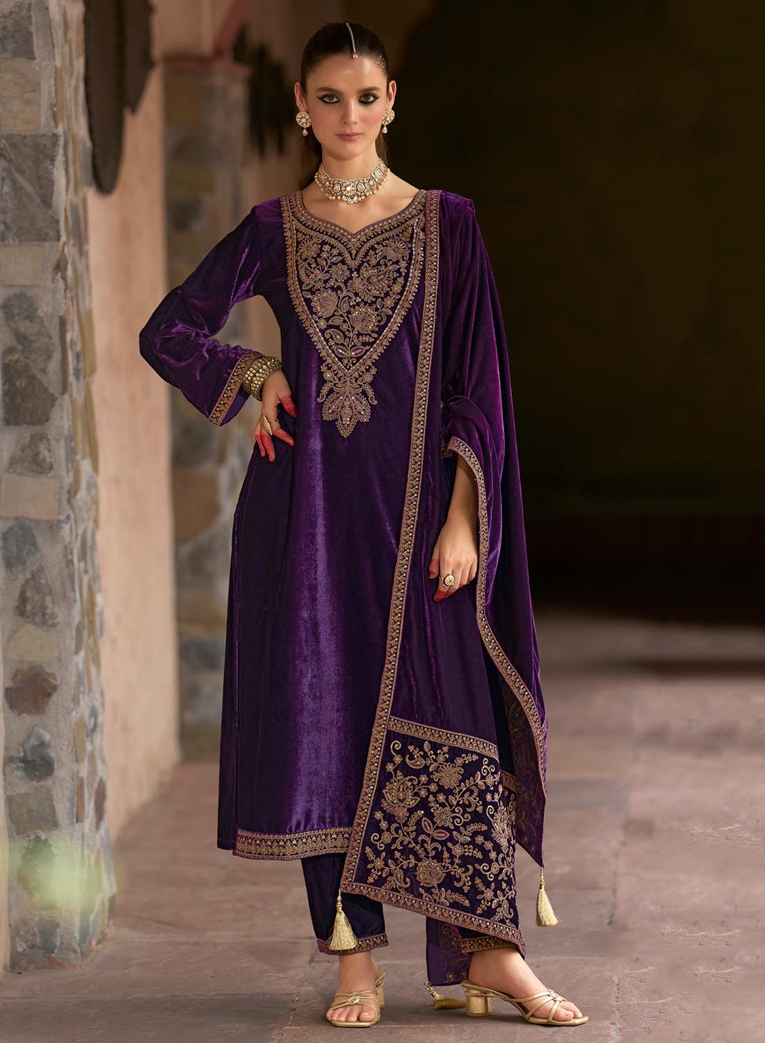 Party Wear Purple Velvet Unstitched Suit Set Dress Material with Dupatta