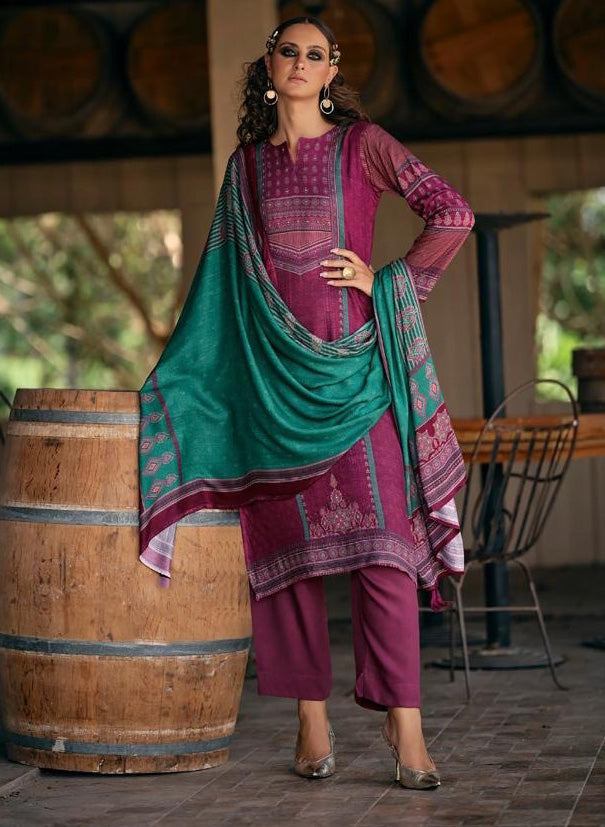 Pink Viscose Pashmina Unstitched Winter Suit Dress Material for Women