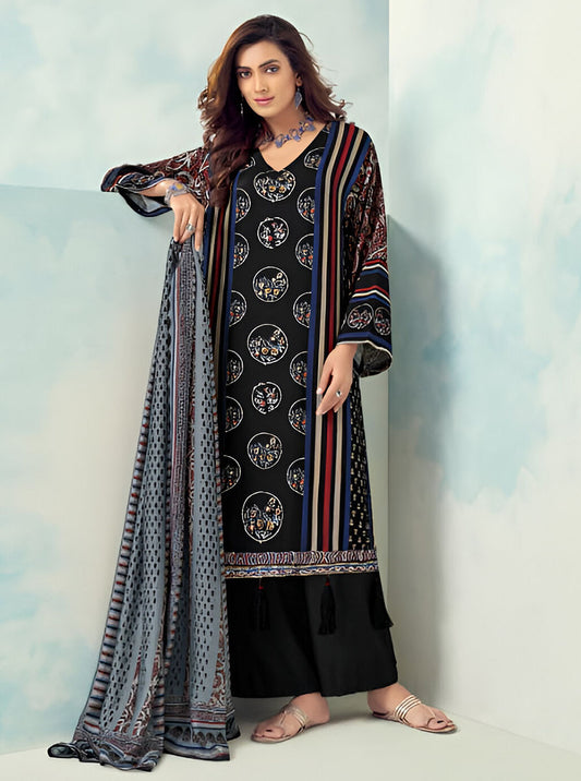 Black Unstitched Printed Muslin Silk Salwar Suit Dress Material for Women SARG