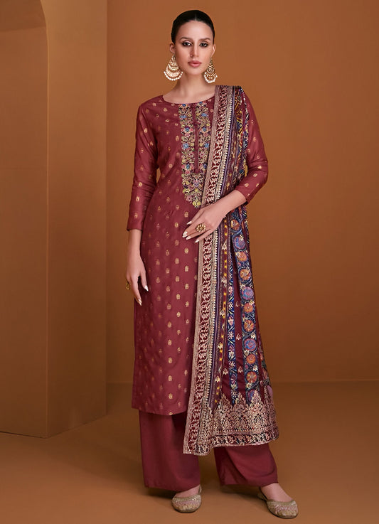 Red Rust Muslin Jacquard Unstitched Salwar Suit Material for Women