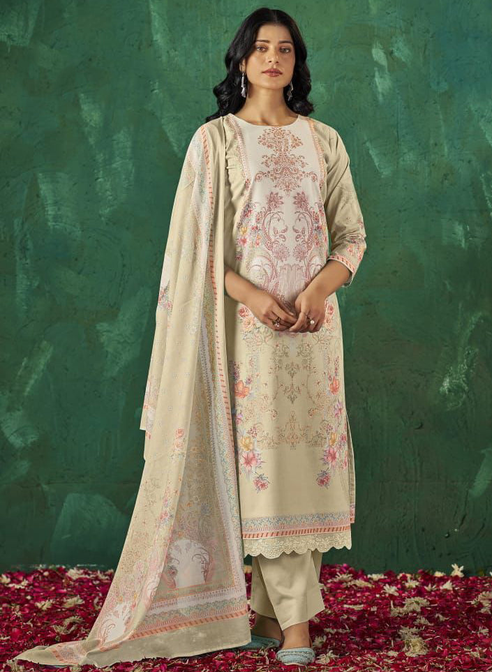 Pure Cotton Lawn Beige Unstitched Salwar Suit Material with Dupatta
