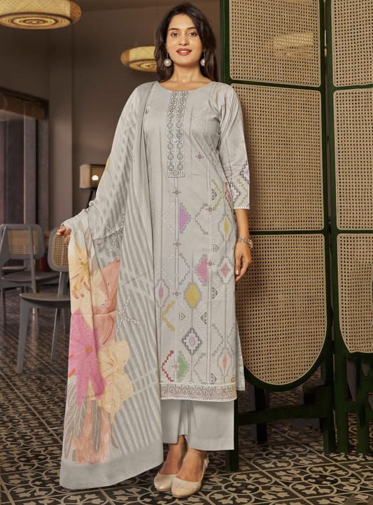 Pure Lawn Cotton Grey Unstitched Suit Summer Dress Material with Dupatta