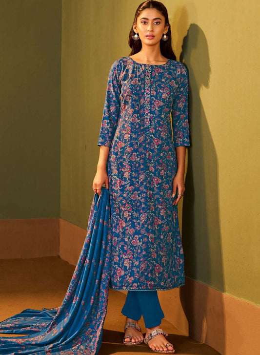 Blue Printed Unstitched Winter Salwar Suit Set Material for Women